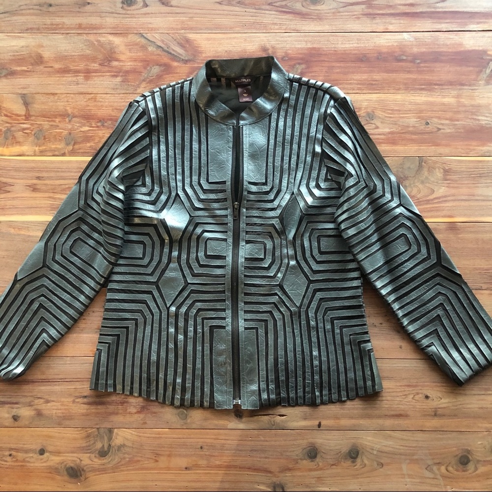 Multiples Pewter Faux Leather Geometric Jacket